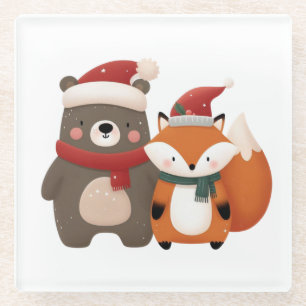 Christmas/Winter Cute Bear & Fox Glass Coaster