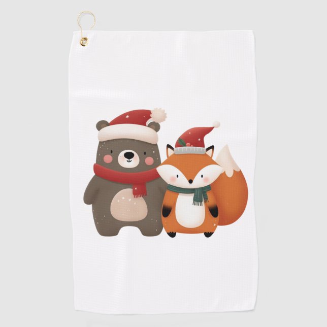 Christmas/Winter Cute Bear & Fox Golf Towel (Front)
