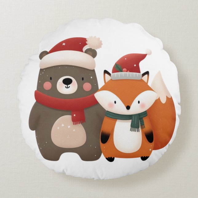 Christmas/Winter Cute Bear & Fox Round Cushion (Front)