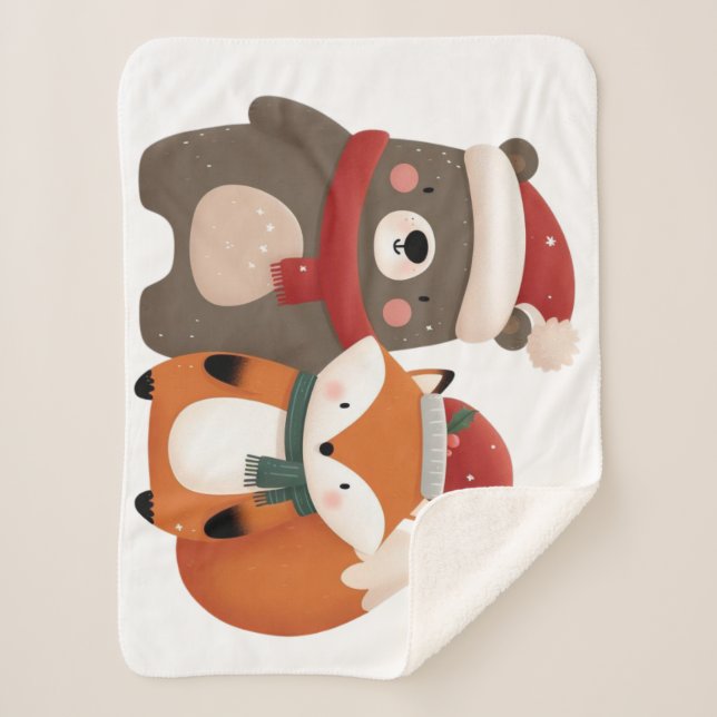 Christmas/Winter Cute Bear & Fox Sherpa Blanket (Front)