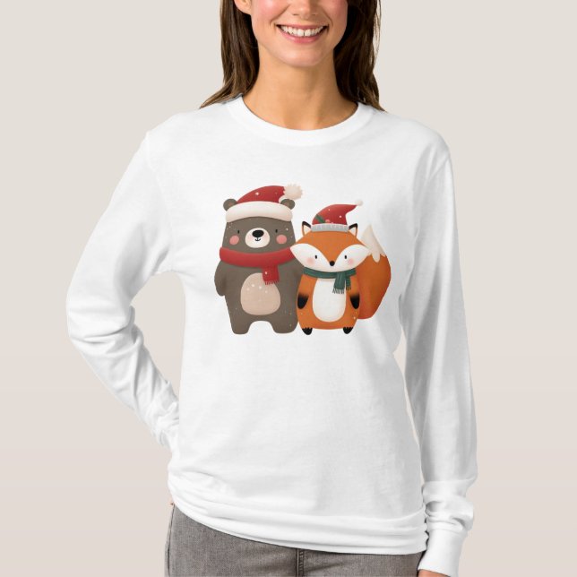 Christmas/Winter Cute Bear & Fox T-Shirt (Front)