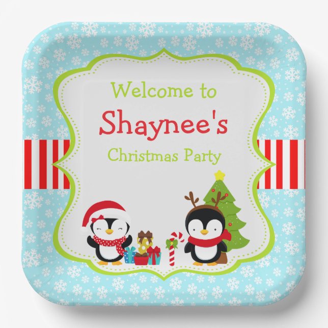 Christmas Winter Cute Penguins  Paper Plate (Front)
