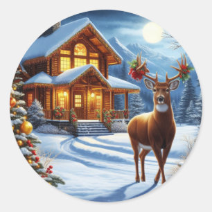 Christmas/Winter Deer Lodge Classic Round Sticker