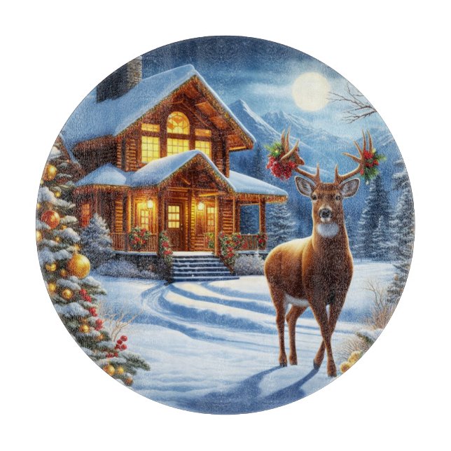 Christmas/Winter Deer Lodge Cutting Board (Front)