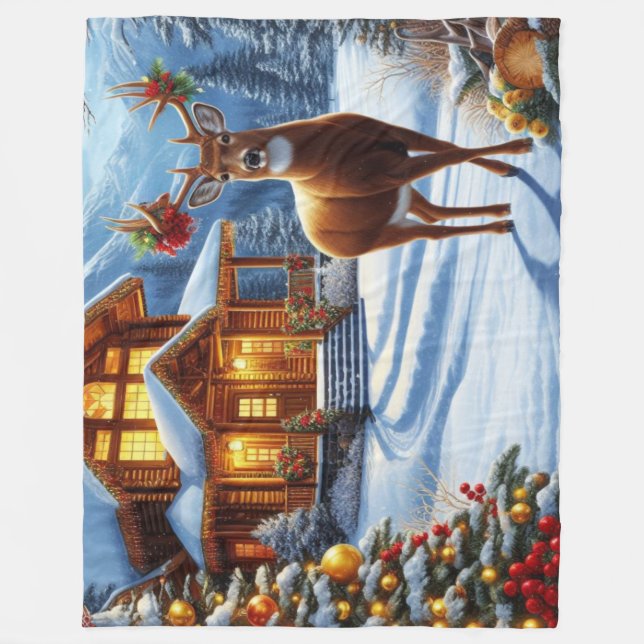 Christmas/Winter Deer Lodge Fleece Blanket (Front)