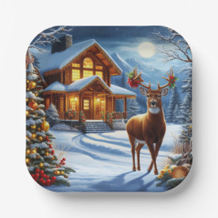 Christmas/Winter Deer Lodge Paper Plate