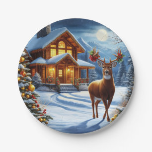 Christmas/Winter Deer Lodge Paper Plate
