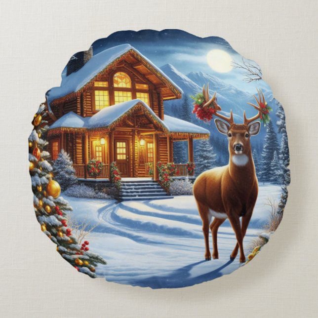 Christmas/Winter Deer Lodge Round Cushion (Front)