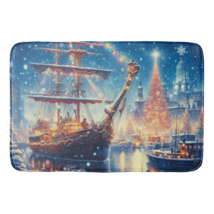 Christmas/Winter docked ship Bath Mat