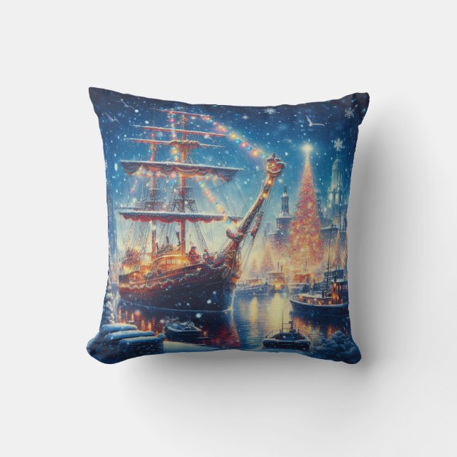 Christmas/Winter docked ship Cushion (Front)