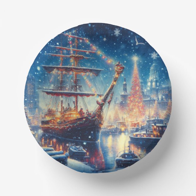 Christmas/Winter docked ship Paper Plate (Front)