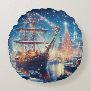 Christmas/Winter docked ship Round Cushion
