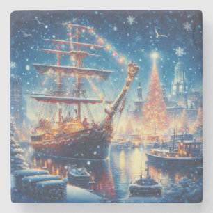 Christmas/Winter docked ship Stone Coaster