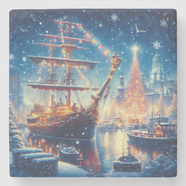 Christmas/Winter docked ship Stone Coaster (Front)