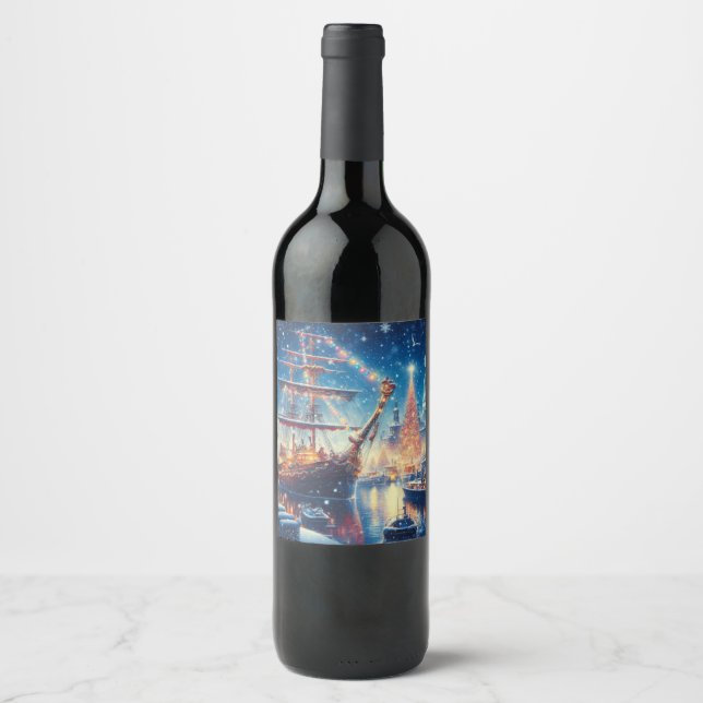 Christmas/Winter docked ship Wine Label (Front)