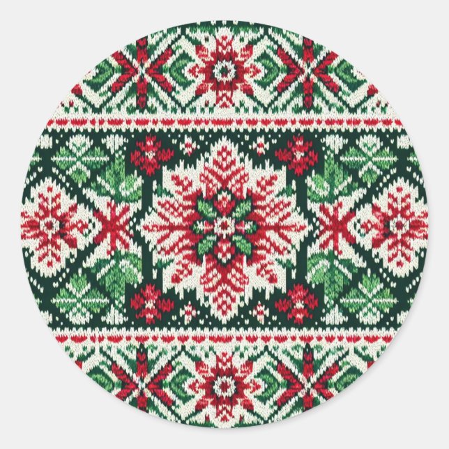Christmas/Winter fair isle red & green Classic Round Sticker (Front)