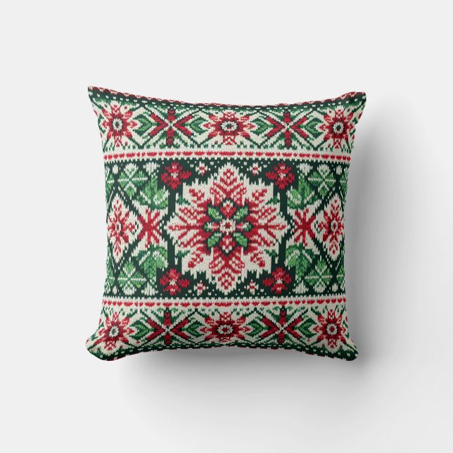 Christmas/Winter fair isle red & green Cushion (Front)