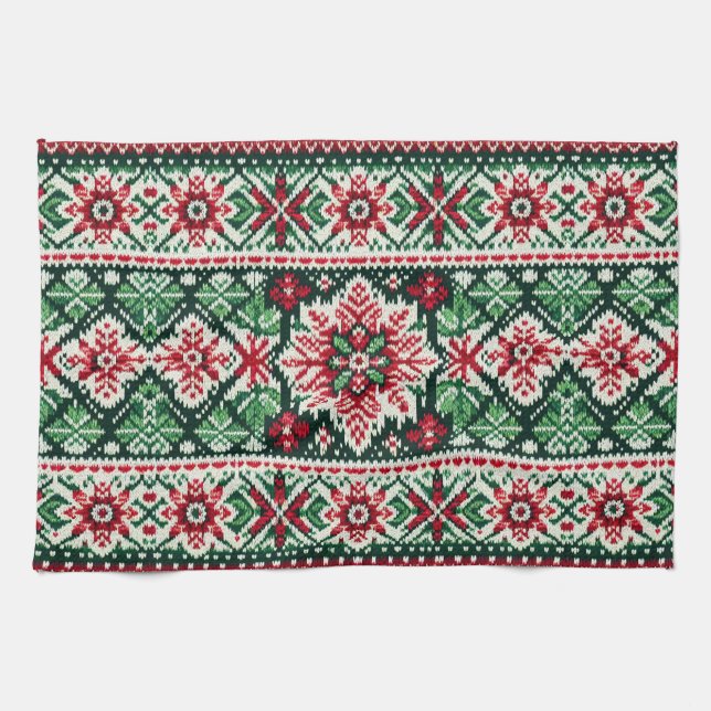 Christmas/Winter fair isle red & green Tea Towel (Horizontal)