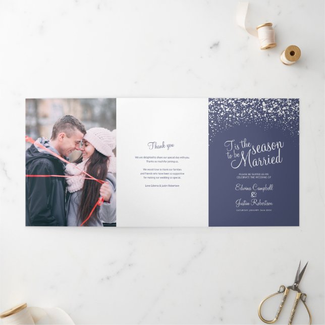 Christmas winter falling snow graphic wedding blue Tri-Fold programme (Outside)