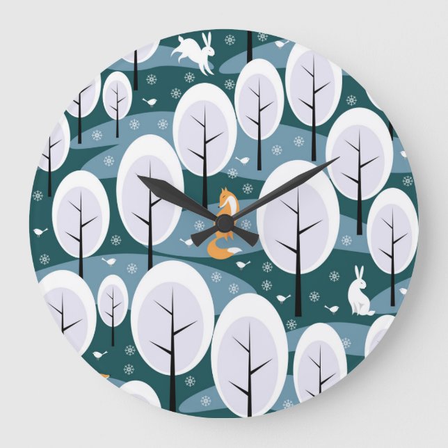 Christmas Winter Forest: Animals Seamless Pattern Large Clock (Front)