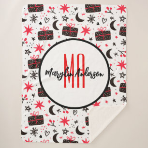 CHRISTMAS WINTER GIFTS AND SNOWFLAKES MONOGRAM SHERPA BLANKET