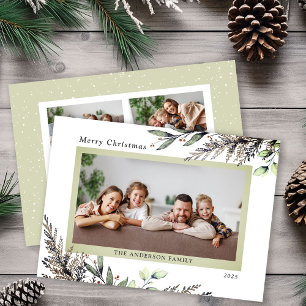 Christmas Winter Greenery 3 Photos Message Holiday Card