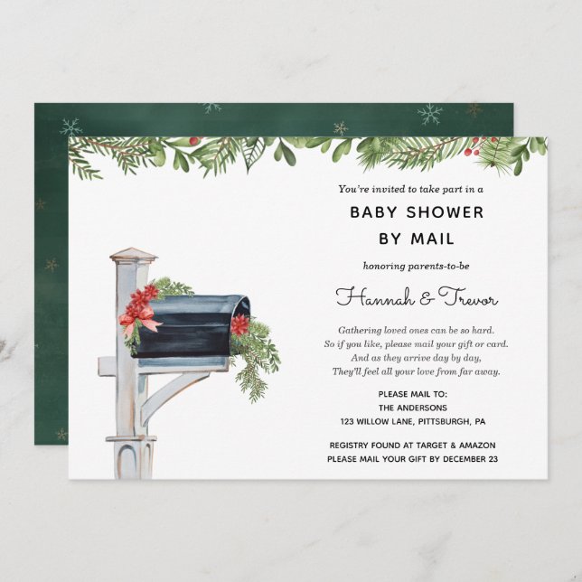 Christmas Winter Greenery Mailbox Shower by Mail Invitation (Front/Back)