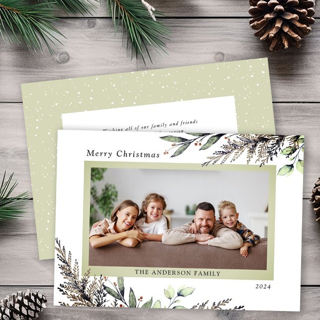 Christmas Winter Greenery Photo Message Holiday Card (Creator Uploaded)