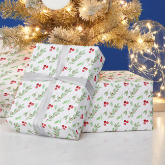 Christmas Winter Greenery & Red Berries Wrapping Paper