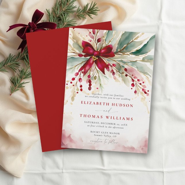 Christmas Winter Greenery Red Bow Rustic Wedding Invitation (Creator Uploaded)
