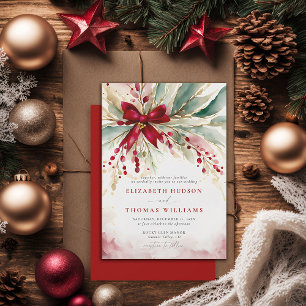 Christmas Winter Greenery Red Bow Rustic Wedding Invitation