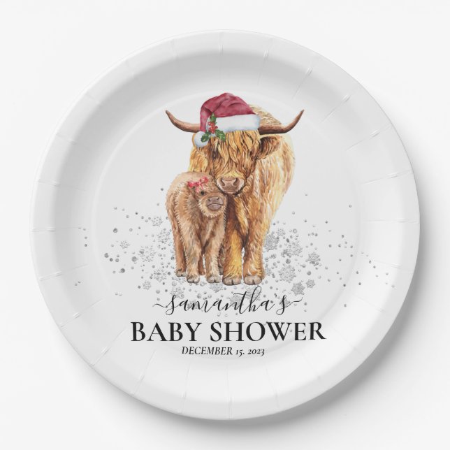 Christmas Winter Highland Cow Calf Baby Shower    Paper Plate (Front)