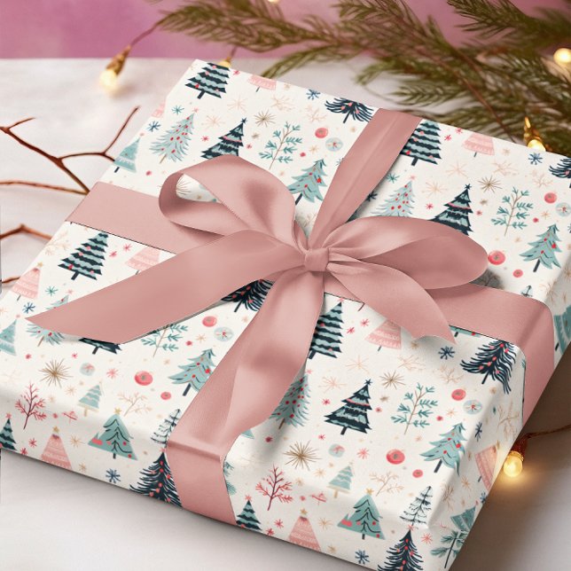 Christmas Winter Holiday Abstract Tree Pattern  Wrapping Paper (Christmas Winter Holiday Abstract Tree Pattern Wrapping Paper - Dk Teal, Lt Teal Blue and Blush Pink)