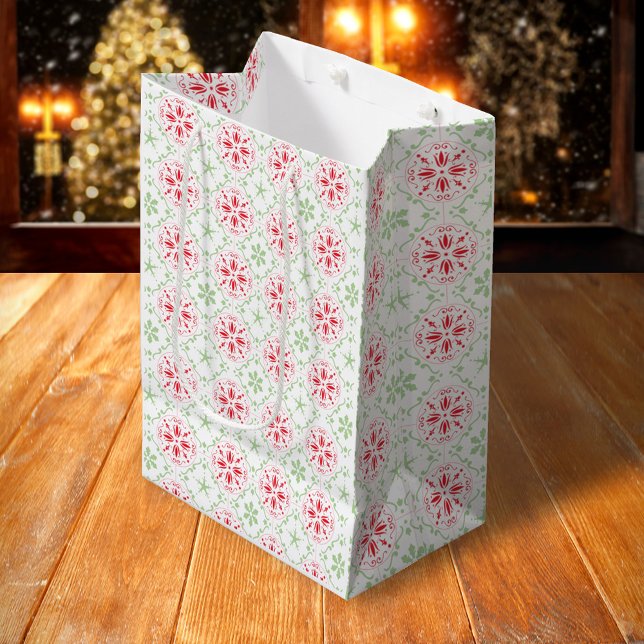 Christmas Winter Holiday Simple Red Green Pattern Medium Gift Bag (Simple red and green holiday snowflake pattern medium gift bag)
