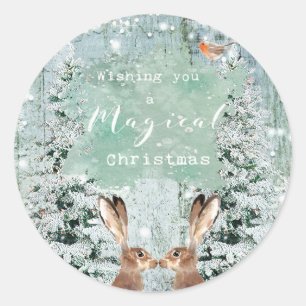 christmas winter holiday snow hares classic round sticker