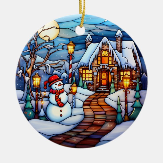Christmas winter house  stained glass style ceramic tree decoration (Front)