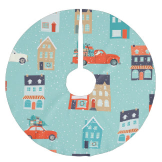 Christmas Winter Houses Red Car Brushed Polyester Tree Skirt