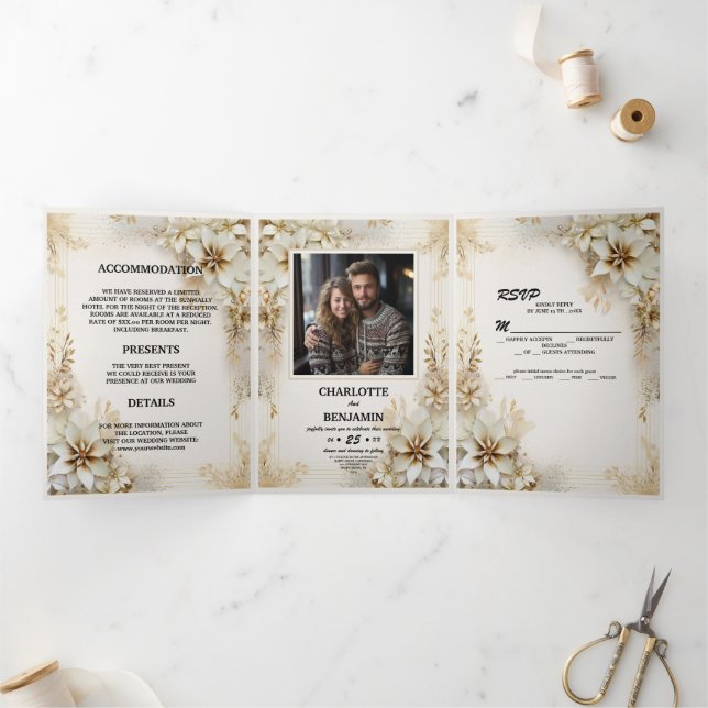 Christmas Winter Ivory Beige Minimal Personalised Tri-Fold Invitation (Inside)