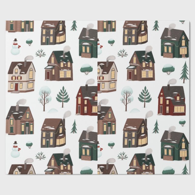 Christmas Winter Nieghbour Cute Houses Wrapping Paper (Seam)