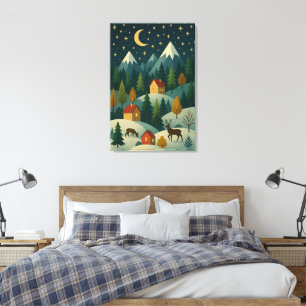 Christmas Winter Night Landscape   Cozy Mountain  Canvas Print