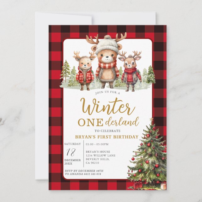 Christmas Winter Onederland Animal Birthday Plaid Invitation (Front)