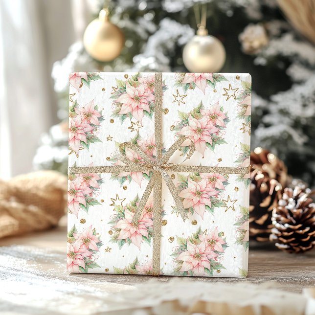 Christmas Winter Onederland gold pink Poinsettia Wrapping Paper Sheet (Creator Uploaded)