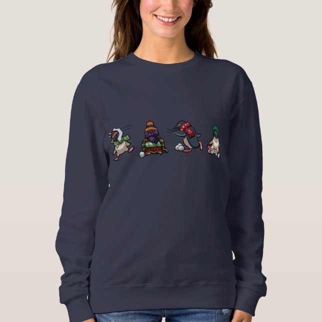 Christmas Winter Penguin Snowball Fight Cartoon Sweatshirt (Front)