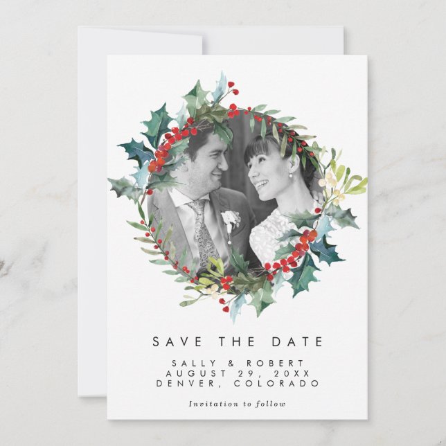 christmas winter photo wedding save the date card (Front)