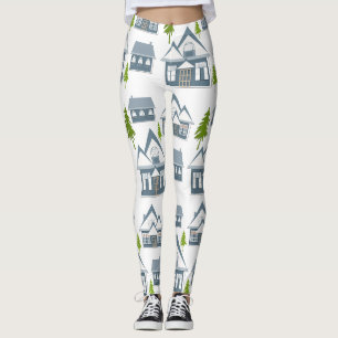 Christmas winter picture grey houses green trees w leggings