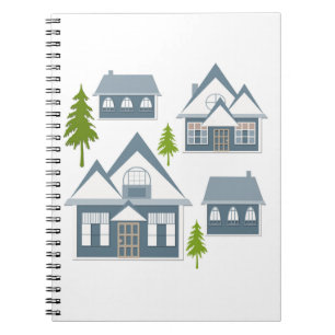 Christmas winter picture grey houses green trees w notebook