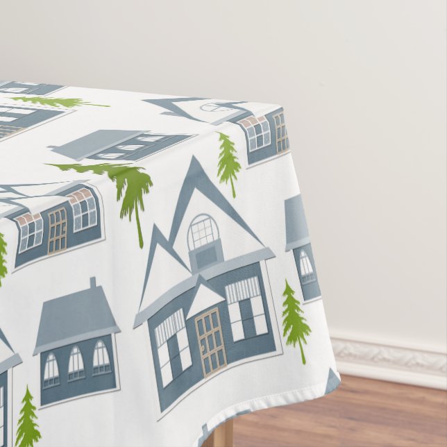 Christmas winter picture grey houses green trees w tablecloth (In Situ)