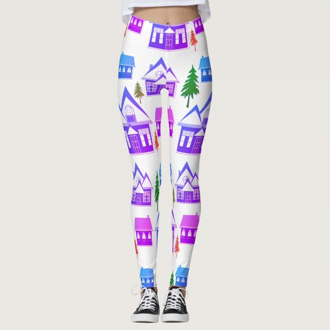 Christmas winter picture pink violet purple houses leggings (Front)