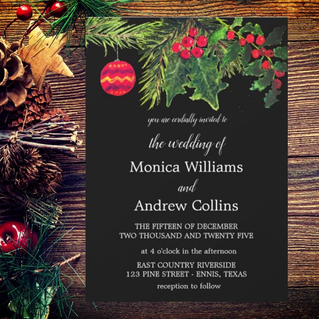 Christmas Winter Pine Black Watercolor Wedding Invitation (Creator Uploaded)