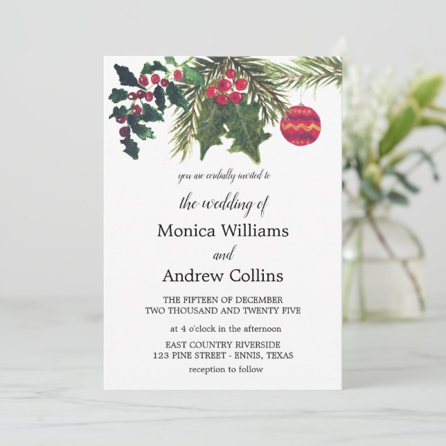 Christmas Winter Pine Tree Watercolor Wedding Invitation (Standing Front)